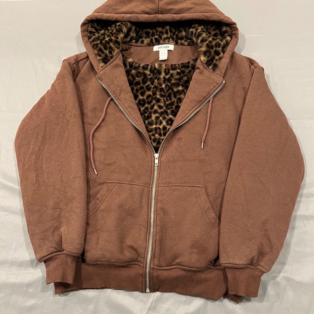 Refuge Brown Zip Up Hoodie Leopard Faux Fur Lined Hood M Y2K Streetwear